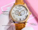 Best replica Patek Philippe mother-of-pearl dial gold diamond bezel leather strap watch (1)_th.jpg